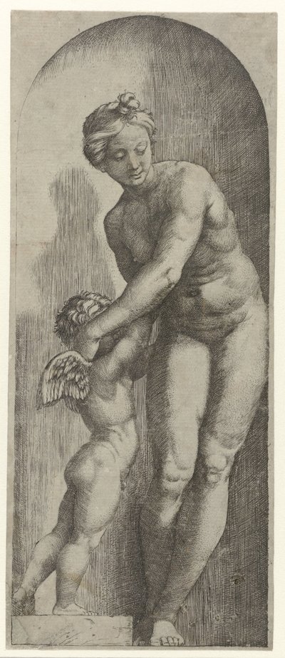 Vénus e Amor de pé na alcova de Marcantonio Raimondi