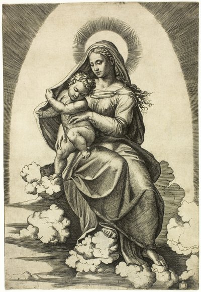Virgem e Menino sentados nas nuvens de Marcantonio Raimondi