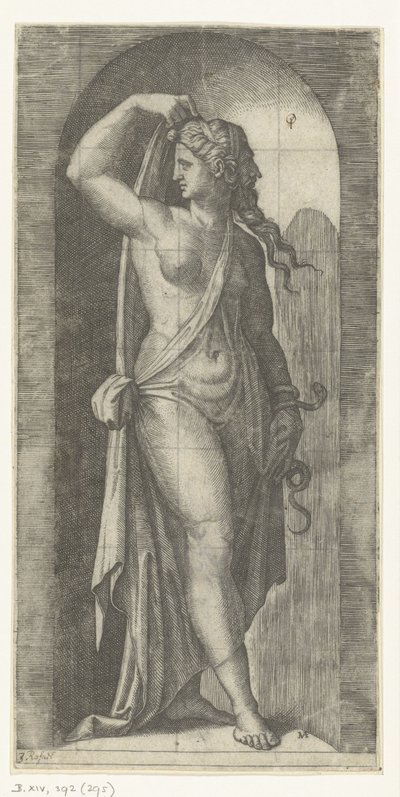 A mulher como personificação da Prudência (Prudentia) com serpente e máscara
Sete Virtudes (título da série) de Marcantonio Raimondi