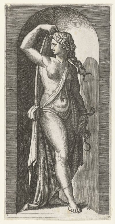 Mulher como personificação de Prudentia com cobra e máscara Sete Virtudes (título da série) de Marcantonio Raimondi