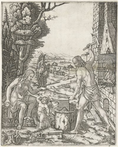 Vulcano forja flechas e asas para Amor na presença de Vênus de Marcantonio Raimondi