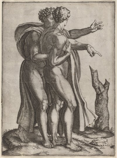 Dois homens nus de Marcantonio Raimondi after Michelangelo