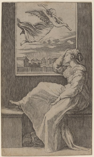 Mulher pensativa de Marcantonio Raimondi possibly after Raphael