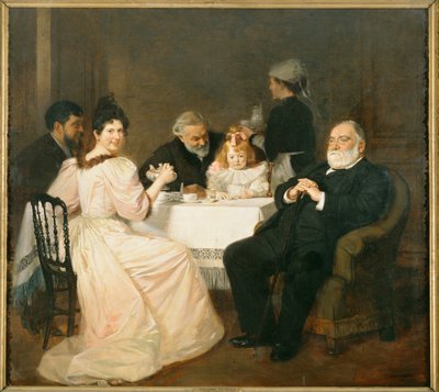 Francisque Sarcey, crítico literário, em casa da filha de Adolphe Brisson ... (pintura sobre tela) de Marcel Andre Baschet