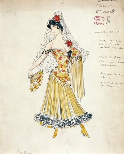 França, Paris, Esboço de traje para dançarinos de flamenco para Carmen por Georges Bizet de Marcel Multzer
