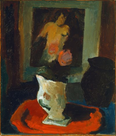 Nu, vaso branco e tapete vermelho de Marcel Poncet