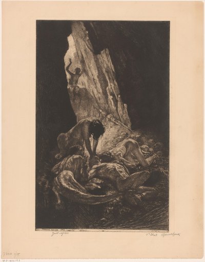 Interior de uma caverna escura com criaturas devorando um homem nu Macacos Guet (título no objeto) de Marcel Roux (signed by artist)