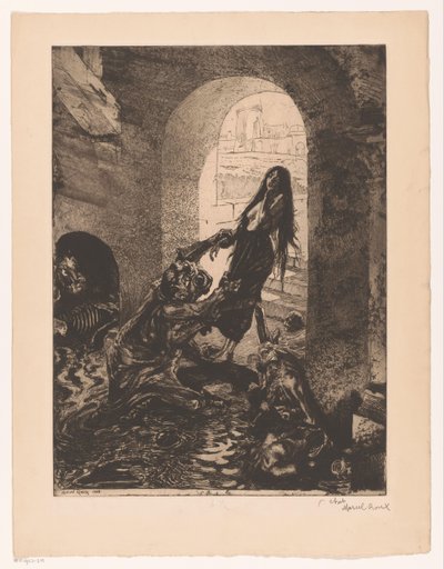 Monstro agarra uma mulher parada na porta Offrande a Moloch (título no objeto) Garota do prazer (título da série) Fille de Joie (título da série no objeto) de Marcel Roux (signed by artist)