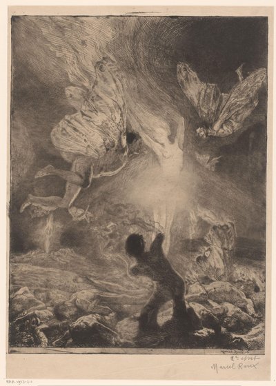 Chama na forma de uma mulher, rodeada por homens com asas a arder e a cair
Femme flamme
Rapariga do prazer (título da série)
Fille de Joïe (título da série sobre o objecto) de Marcel Roux (signed by artist)