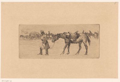 Paisagem de neve com procissão de soldados e cavalos de Marcel Roux