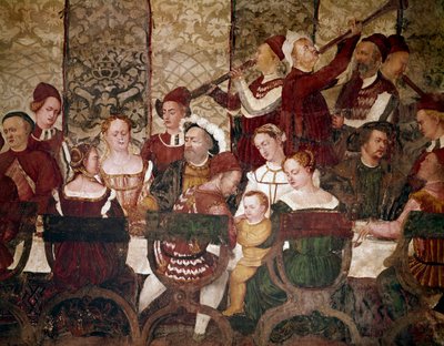 O Rei da Dinamarca Christian I num banquete organizado por Bartolomeo Colleoni. Detalhe dos convites (fresco, c.1480) de Marcello Fogolino