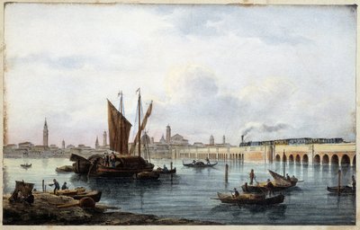 A ponte sobre a lagoa no "Álbum das principais vistas de Veneza" desenhado por Marco Moro ed. Gio Brize-Ghel n.d 1840. aproximadamente. de Marco (after) Moro