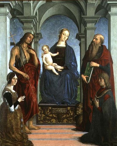 Madonna e Criança com São Jerônimo e São João Batista e Doadores (painel) de Marco (attr. to) Meloni