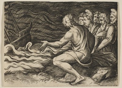 Um grupo de figuras à direita a testemunhar um naufrágio, ca. 1515-27. de Marco Dente