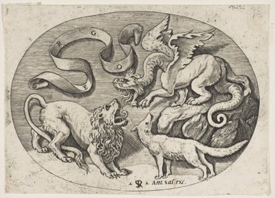 Um leão, dragão e raposa lutando entre si, uma bandeirola inscrita acima, um c..., ca. 1515-27. de Marco Dente