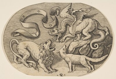Um leão, dragão e raposa lutando entre si, uma banderola inscrita acima, um oval c ..., ca. 1515-27. de Marco Dente