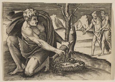 Um homem ajoelhado ao lado de um cesto de peixes e tomando um com as duas mãos, dois homens em ..., ca. 1515-27. de Marco Dente