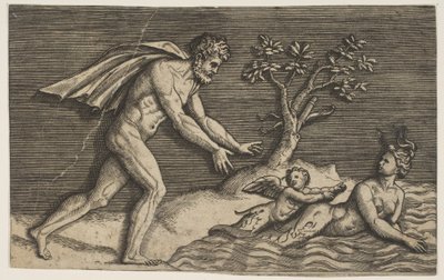 Um homem nu perseguindo uma naiad e um cupido na água, ca. 1515-27. de Marco Dente