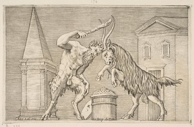 Um sátiro e um carneiro atacando um ao outro, o sátiro empunhando uma clava com a mão direita..., ca. 1515-27. de Marco Dente