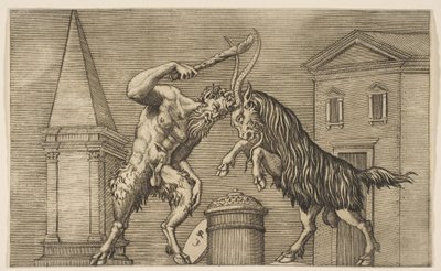 Um sátiro e um carneiro atacando um ao outro, o sátiro empunhando um bastão com a mão direita ..., ca. 1515-27. de Marco Dente