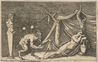 Um sátiro descobrindo uma mulher adormecida, dois caranguejos pendurados em uma corda amarrada ..., ca. 1515-27. de Marco Dente