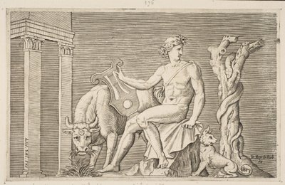 Apolo cuidando dos rebanhos de Admetus, Apolo sentado segurando uma lira e ladeado por uma ..., ca. 1515-27. de Marco Dente