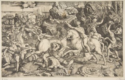 Cena de batalha em uma paisagem com soldados a cavalo e vários homens caídos, outro ..., ca. 1520 de Marco Dente