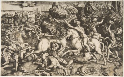 Cena de batalha em uma paisagem com soldados a cavalo e vários homens caídos, outro ..., ca. 1520 de Marco Dente