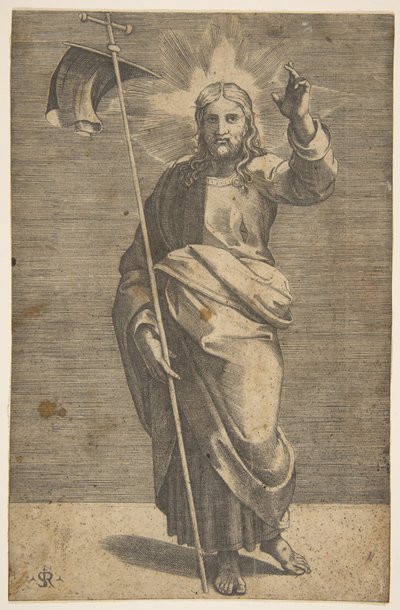 Cristo de pé virado para a frente, segurando uma cruz com um estandarte e levantando a esquerda ..., ca. 1515-27. de Marco Dente