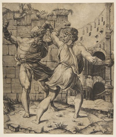 Entellus e Dares lutando na frente de ruínas clássicas, 1520-25. de Marco Dente