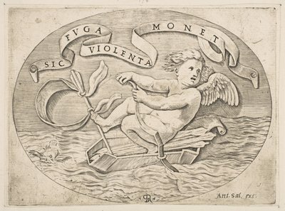 Eros Escaping by Sea, Cupido usando a sua proa para impulsionar um barco feito a partir da sua aljava com..., ca. 1515-27. de Marco Dente