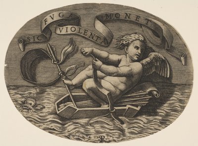 Eros escapando pelo mar usando seu arco para impulsionar um barco feito de sua aljava com uma ar ..., ca. 1515-27. de Marco Dente