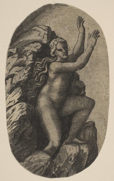 Eurídice, nu, de pé sobre uma rocha, os braços levantados para a direita, ca. 1515-27. de Marco Dente