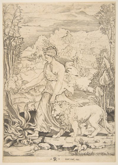 Fortitude em vista de perfil caminhando em direção a um incêndio à esquerda e liderando um lio..., ca. 1515-27. de Marco Dente