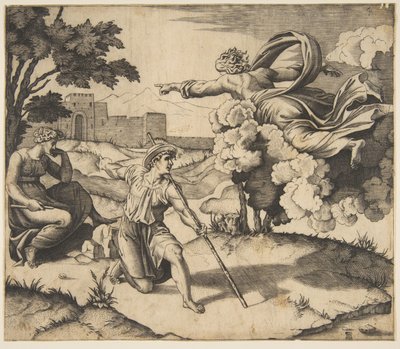 Deus aparecendo para Isaque, Deus flutuando nas nuvens apontando para Rebecca sentada embaixo ..., ca. 1515-27. de Marco Dente