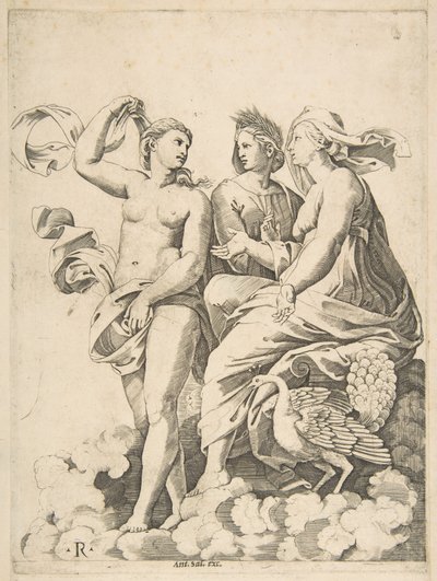 Juno, Ceres e Psique nas nuvens conversando, Juno sentado com um pavão nela ..., ca. 1515-27. de Marco Dente