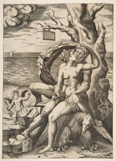 Júpiter e Semele abraçando, uma águia debaixo deles, uma árvore à direita com um t..., ca. 1515-27. de Marco Dente