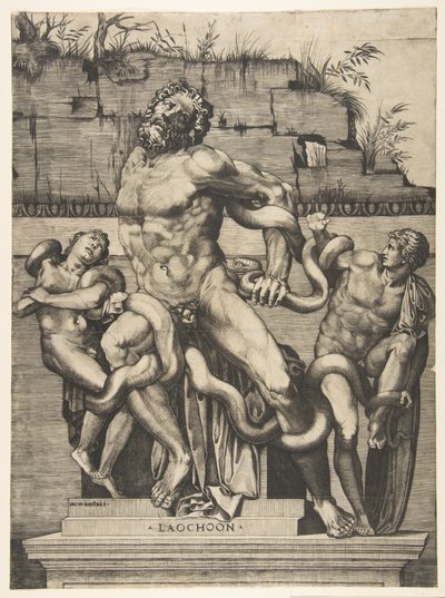 Laocoon e seus filhos sendo atacados por serpentes, ca. 1515-27. de Marco Dente