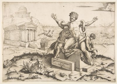 Laocoon e seus dois filhos sendo atacados por serpentes em um pedestal, um templo para Mi ..., ca. 1515-27. de Marco Dente