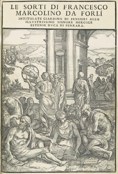 Le Sorti ... intitulado jardim de pensamentos, outubro de 1540. Criadores: Desconhecido, Marco Dente. de Marco Dente