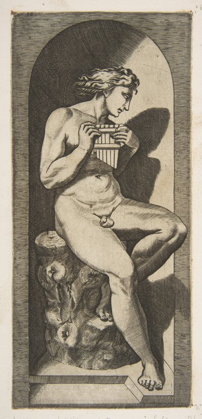 Olympus, nu, sentado no tronco de uma árvore com canos, situado dentro de um nicho, ca. 1515-27. de Marco Dente