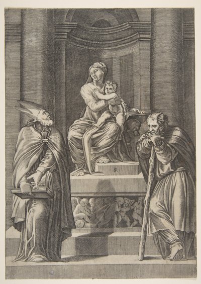 São José à esquerda e um bispo à direita diante do altar da Virgem ..., ca. 1515-27. de Marco Dente