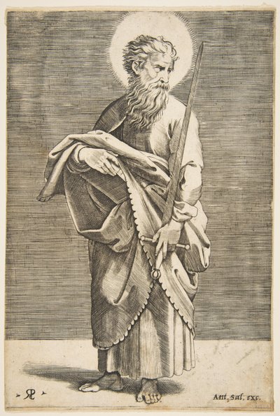 São Paulo olhando para a direita e segurando uma espada e um livro, ca. 1515-27. de Marco Dente