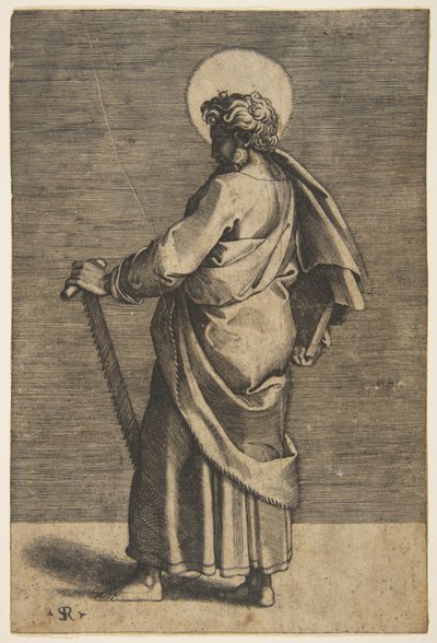 São Simão de pé virado para a esquerda, segurando uma serra e um livro, ca. 1515-27. de Marco Dente