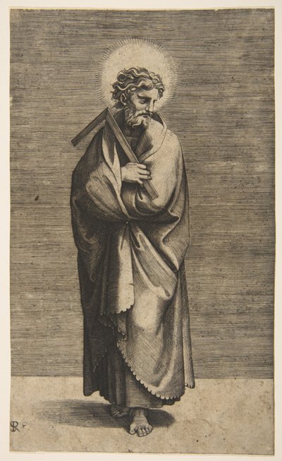 São Tomás segurando uma regra quadrada, sua cabeça virou para a direita, ca. 1515-27. de Marco Dente