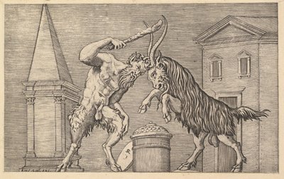 Speculum Romanae Magnificentiae: Um Sátiro e um Carneiro a esmagar, século XVI. de Marco Dente