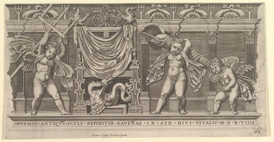 Speculum Romanae Magnificentiae: Bas-Relief com Três Cupidos, 1519. de Marco Dente