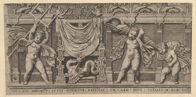 Vidro romano magnífico: baixo-relevo com Três Cupidos, 1519. de Marco Dente
