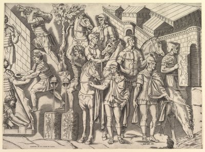 Magnífico vidro romano, cavaleiros romanos, da coluna de Trajano, século XVI. de Marco Dente