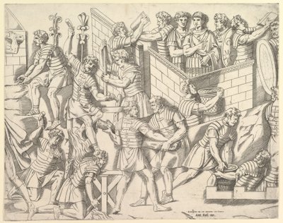 Soldados romanos em vidro romano magníficos que fortificam seu acampamento, de Trajano ..., século XVI. de Marco Dente
